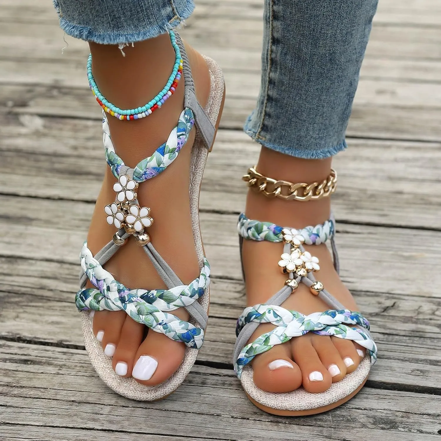 Boho Wedge Sandals for Women Dressy Slip on Comfortable Summer Sandals Ankle Strap Elastic Shoes Vacation Beach Shoes Orthopedic Walking Open Toe Sandal