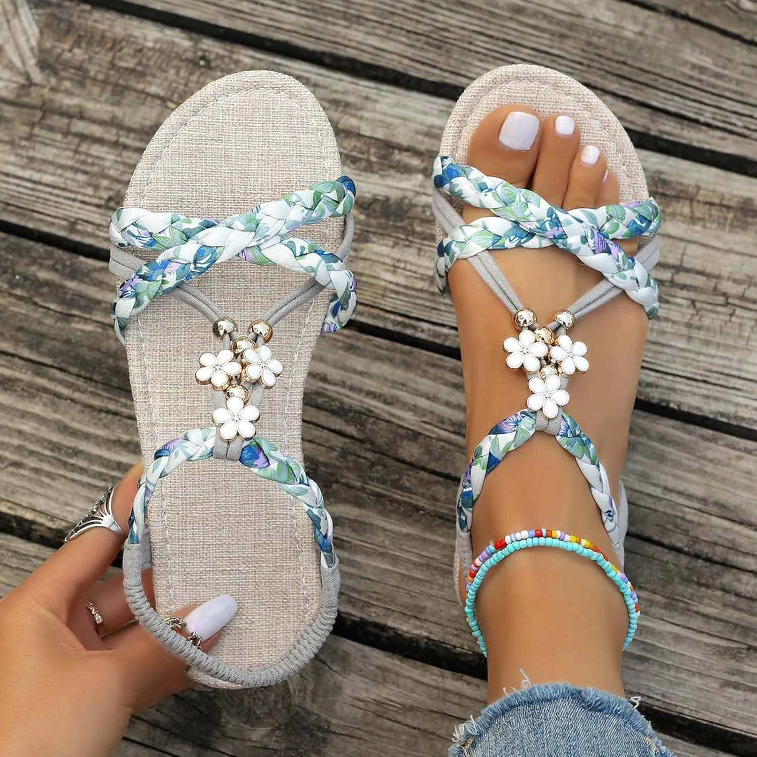 Boho Wedge Sandals for Women Dressy Slip on Comfortable Summer Sandals Ankle Strap Elastic Shoes Vacation Beach Shoes Orthopedic Walking Open Toe Sandal