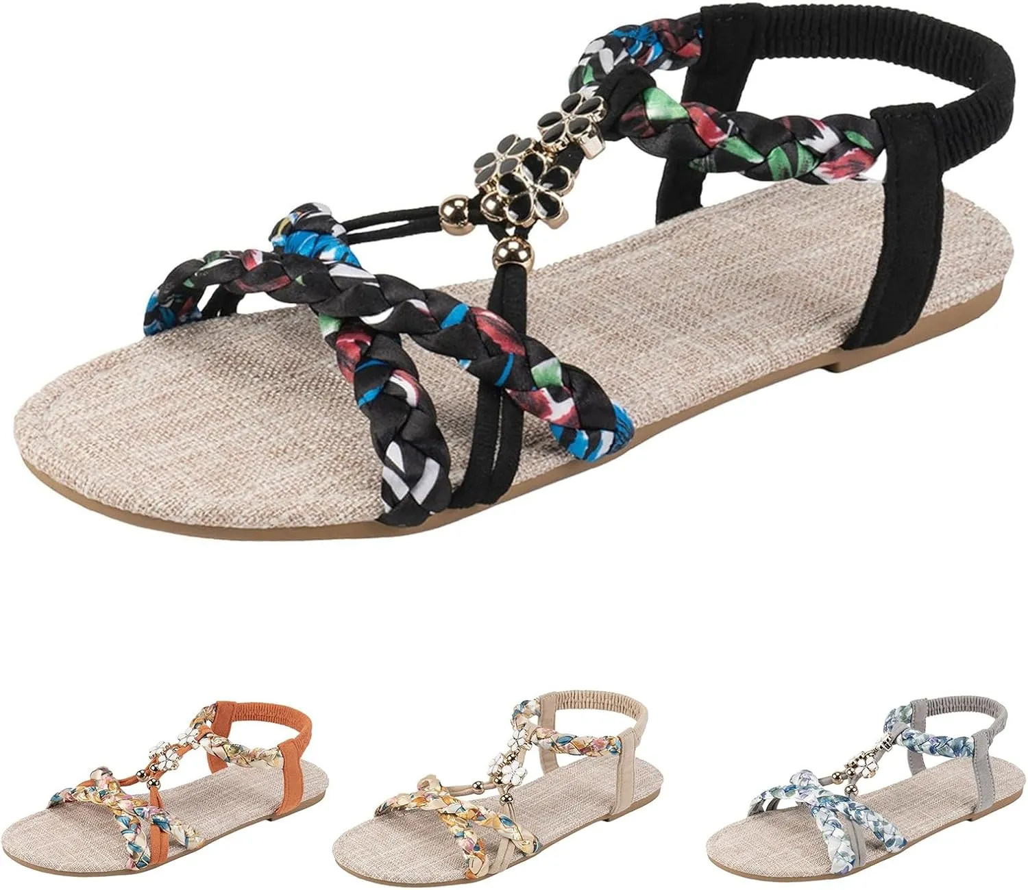 Boho Wedge Sandals for Women Dressy Slip on Comfortable Summer Sandals Ankle Strap Elastic Shoes Vacation Beach Shoes Orthopedic Walking Open Toe Sandal