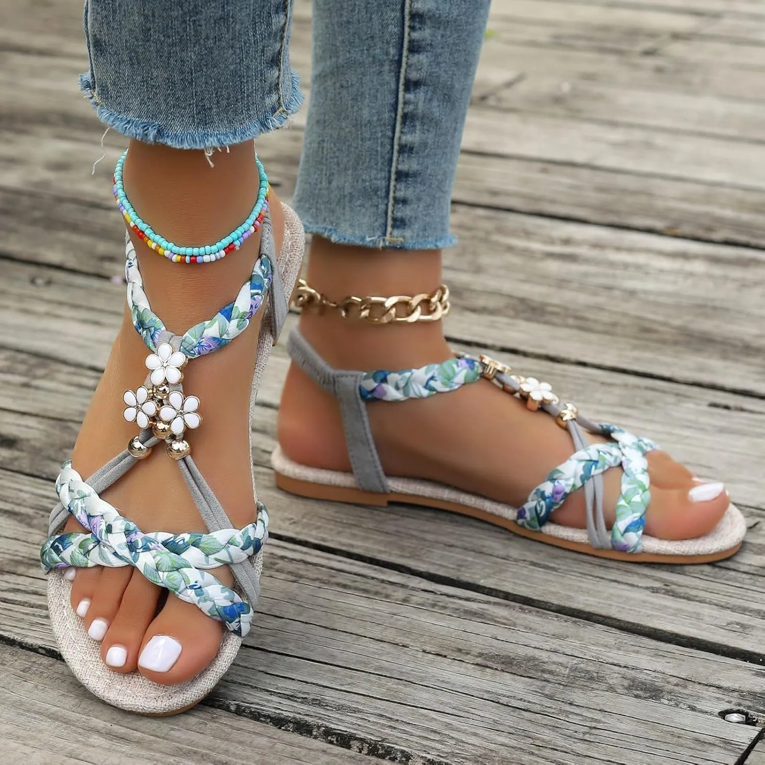 Boho Wedge Sandals for Women Dressy Slip on Comfortable Summer Sandals Ankle Strap Elastic Shoes Vacation Beach Shoes Orthopedic Walking Open Toe Sandal