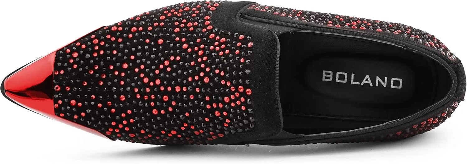 Bolano x Amali Men's Dress Loafers with Rhinestones, Slip-On, Tuxedo Loafer Shoes for Men, Pointed Toe with Metal Tip, Size Up