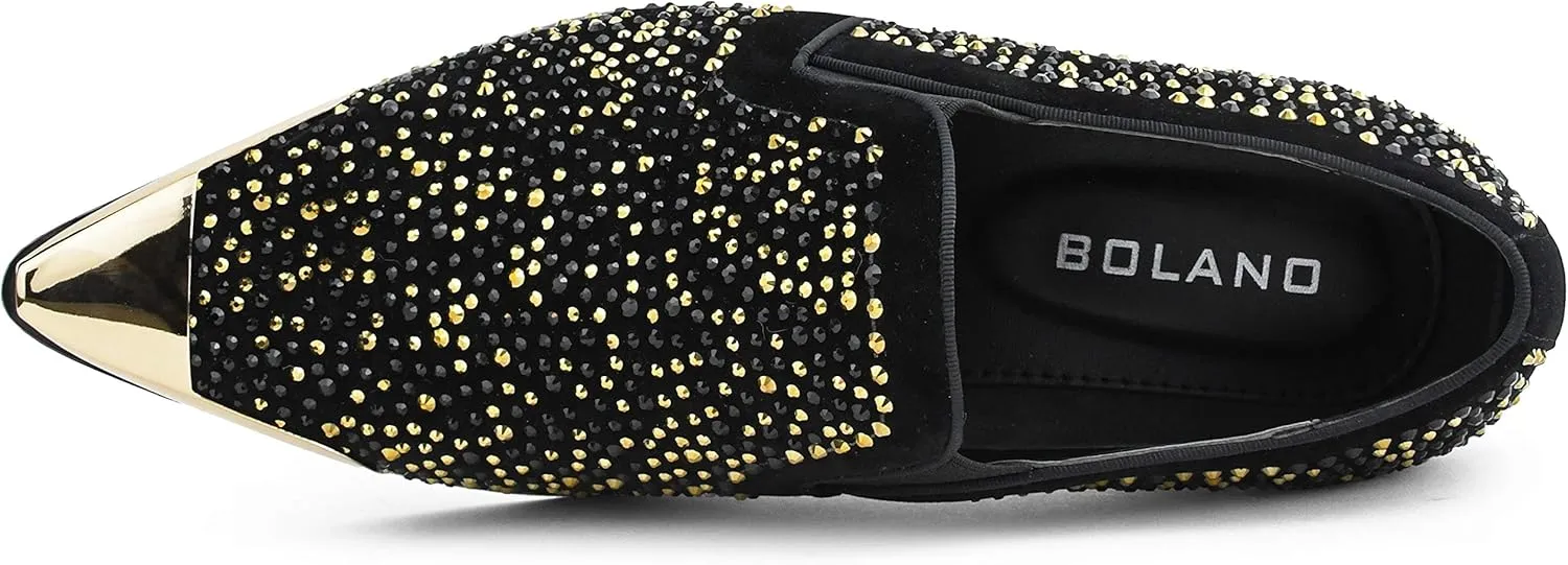 Bolano x Amali Men's Dress Loafers with Rhinestones, Slip-On, Tuxedo Loafer Shoes for Men, Pointed Toe with Metal Tip, Size Up