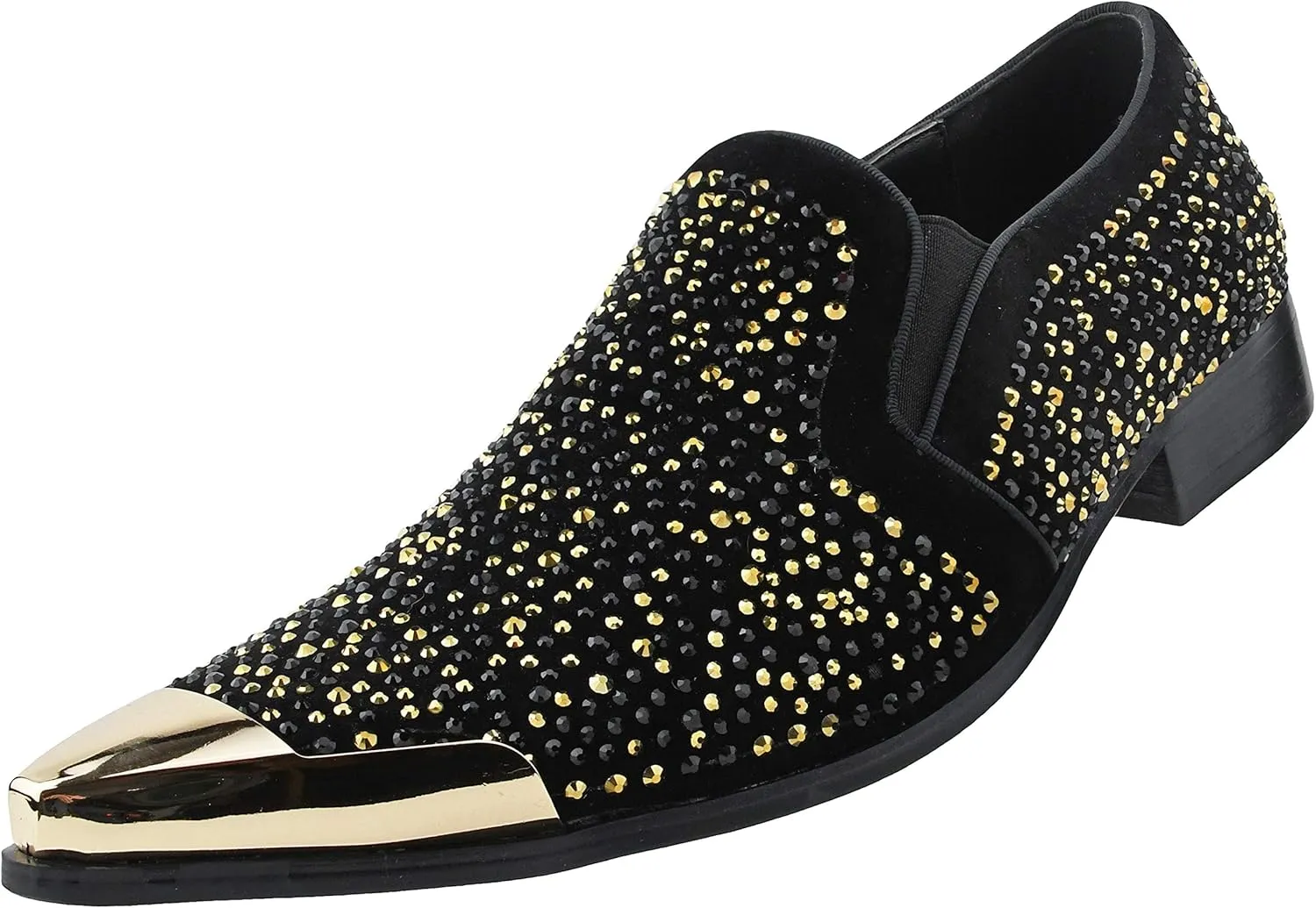 Bolano x Amali Men's Dress Loafers with Rhinestones, Slip-On, Tuxedo Loafer Shoes for Men, Pointed Toe with Metal Tip, Size Up