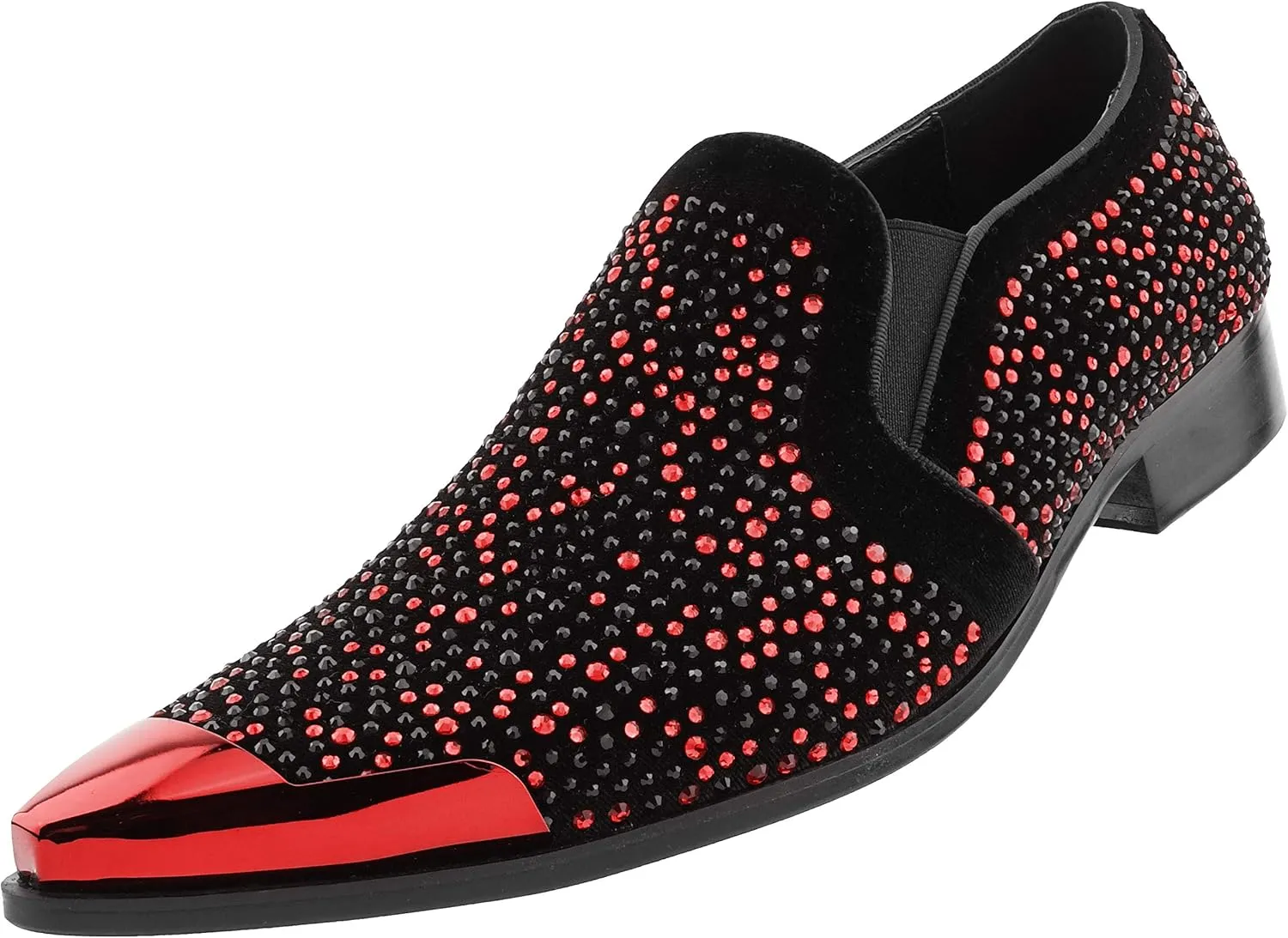 Bolano x Amali Men's Dress Loafers with Rhinestones, Slip-On, Tuxedo Loafer Shoes for Men, Pointed Toe with Metal Tip, Size Up