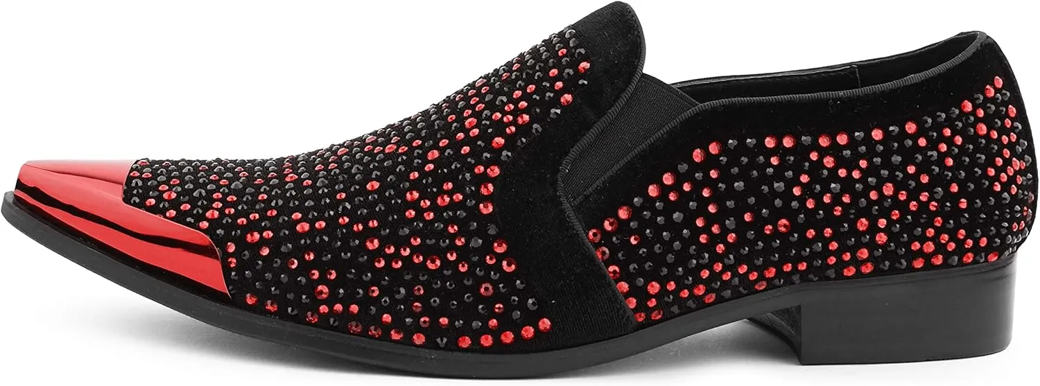 Bolano x Amali Men's Dress Loafers with Rhinestones, Slip-On, Tuxedo Loafer Shoes for Men, Pointed Toe with Metal Tip, Size Up