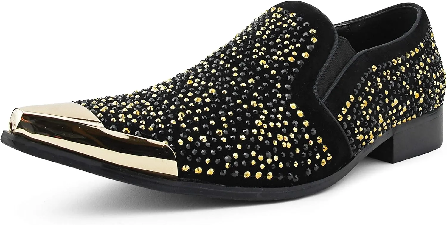 Bolano x Amali Men's Dress Loafers with Rhinestones, Slip-On, Tuxedo Loafer Shoes for Men, Pointed Toe with Metal Tip, Size Up