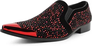 Bolano x Amali Men's Dress Loafers with Rhinestones, Slip-On, Tuxedo Loafer Shoes for Men, Pointed Toe with Metal Tip, Size Up