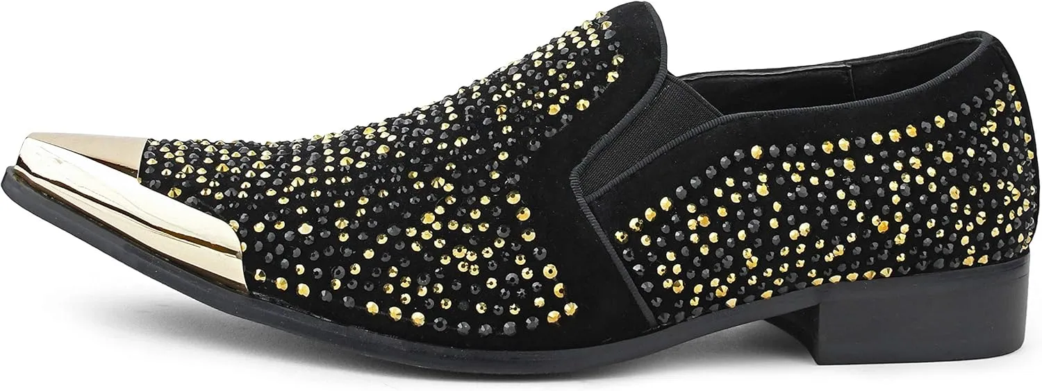 Bolano x Amali Men's Dress Loafers with Rhinestones, Slip-On, Tuxedo Loafer Shoes for Men, Pointed Toe with Metal Tip, Size Up