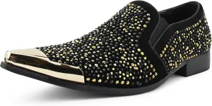 Bolano x Amali Men's Dress Loafers with Rhinestones, Slip-On, Tuxedo Loafer Shoes for Men, Pointed Toe with Metal Tip, Size Up