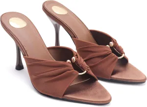 Brown Ruched Mules Heels for Women Comfortable Metal Ring Cutout Pointed Open Toe Slip on Stiletto High Heels Sandals Sexy Dressy Mules Sandals.