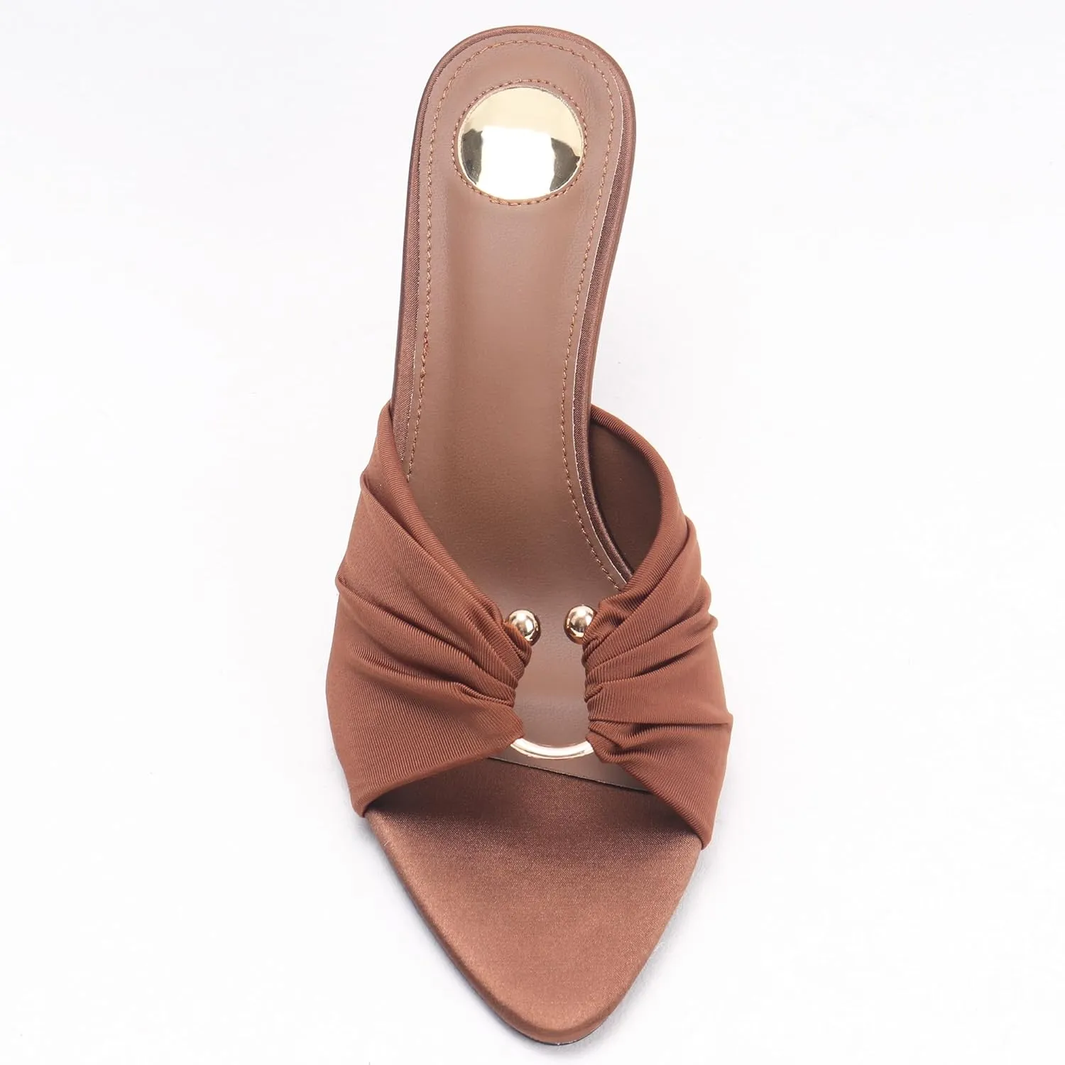 Brown Ruched Mules Heels for Women Comfortable Metal Ring Cutout Pointed Open Toe Slip on Stiletto High Heels Sandals Sexy Dressy Mules Sandals.