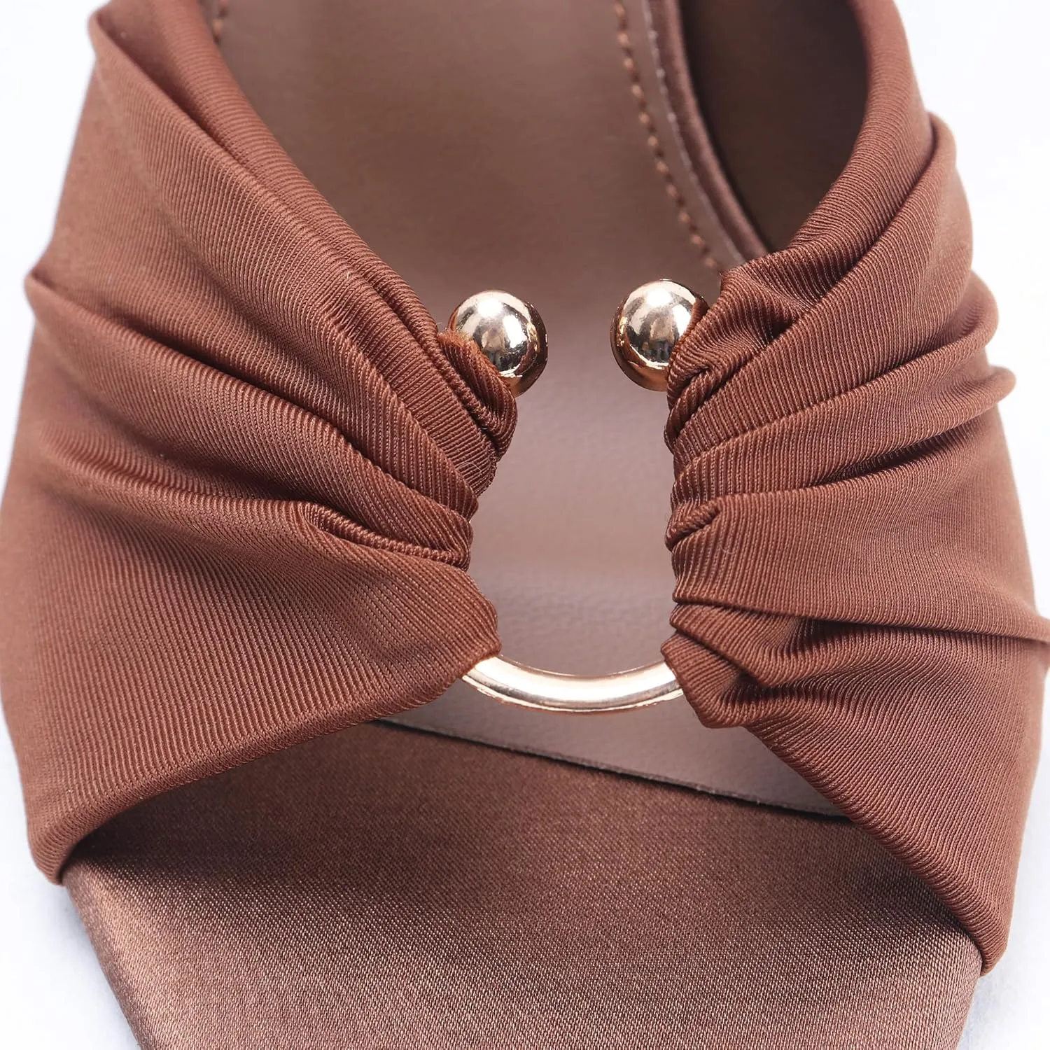 Brown Ruched Mules Heels for Women Comfortable Metal Ring Cutout Pointed Open Toe Slip on Stiletto High Heels Sandals Sexy Dressy Mules Sandals.