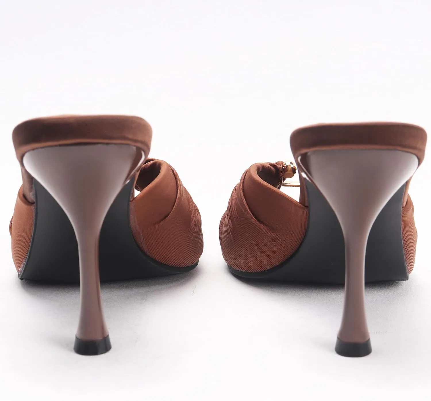 Brown Ruched Mules Heels for Women Comfortable Metal Ring Cutout Pointed Open Toe Slip on Stiletto High Heels Sandals Sexy Dressy Mules Sandals.
