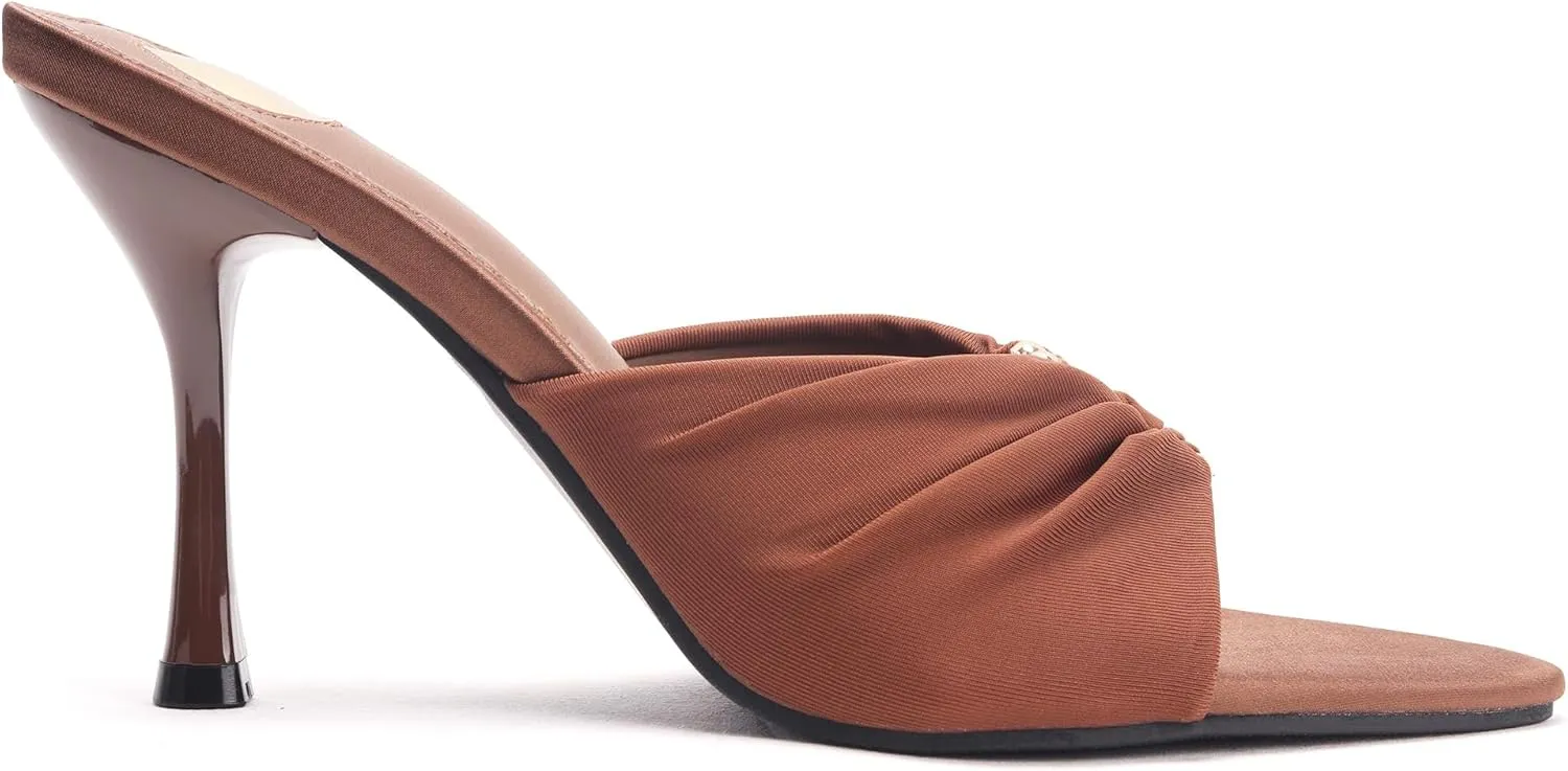 Brown Ruched Mules Heels for Women Comfortable Metal Ring Cutout Pointed Open Toe Slip on Stiletto High Heels Sandals Sexy Dressy Mules Sandals.