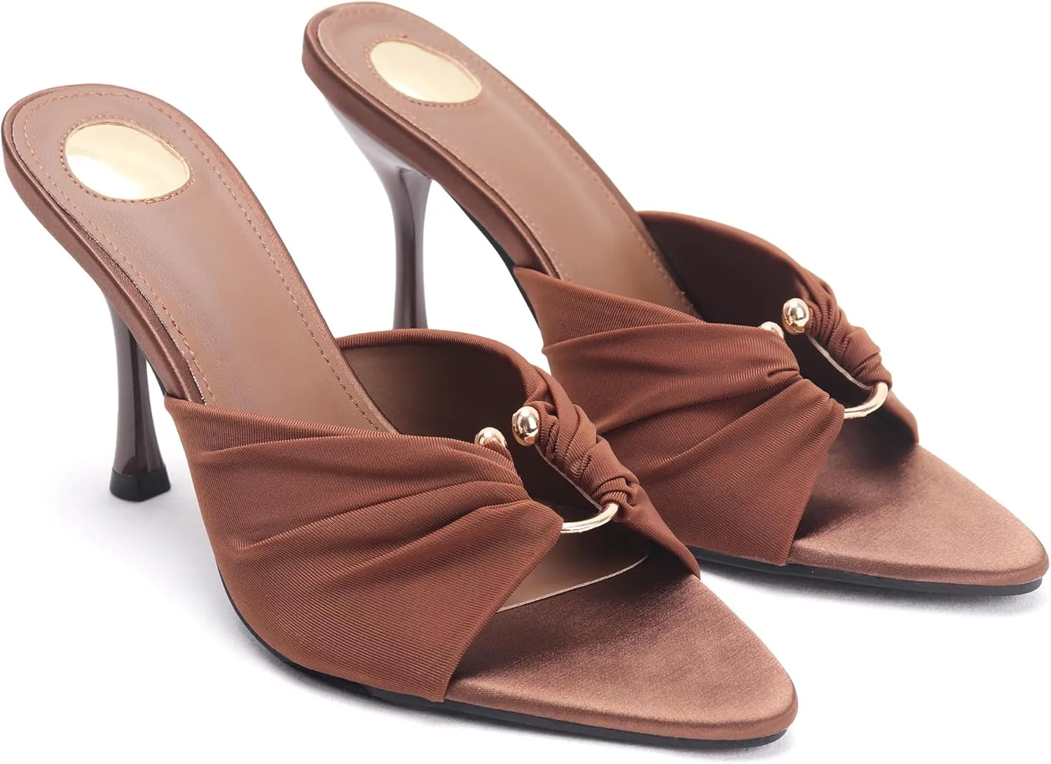 Brown Ruched Mules Heels for Women Comfortable Metal Ring Cutout Pointed Open Toe Slip on Stiletto High Heels Sandals Sexy Dressy Mules Sandals.