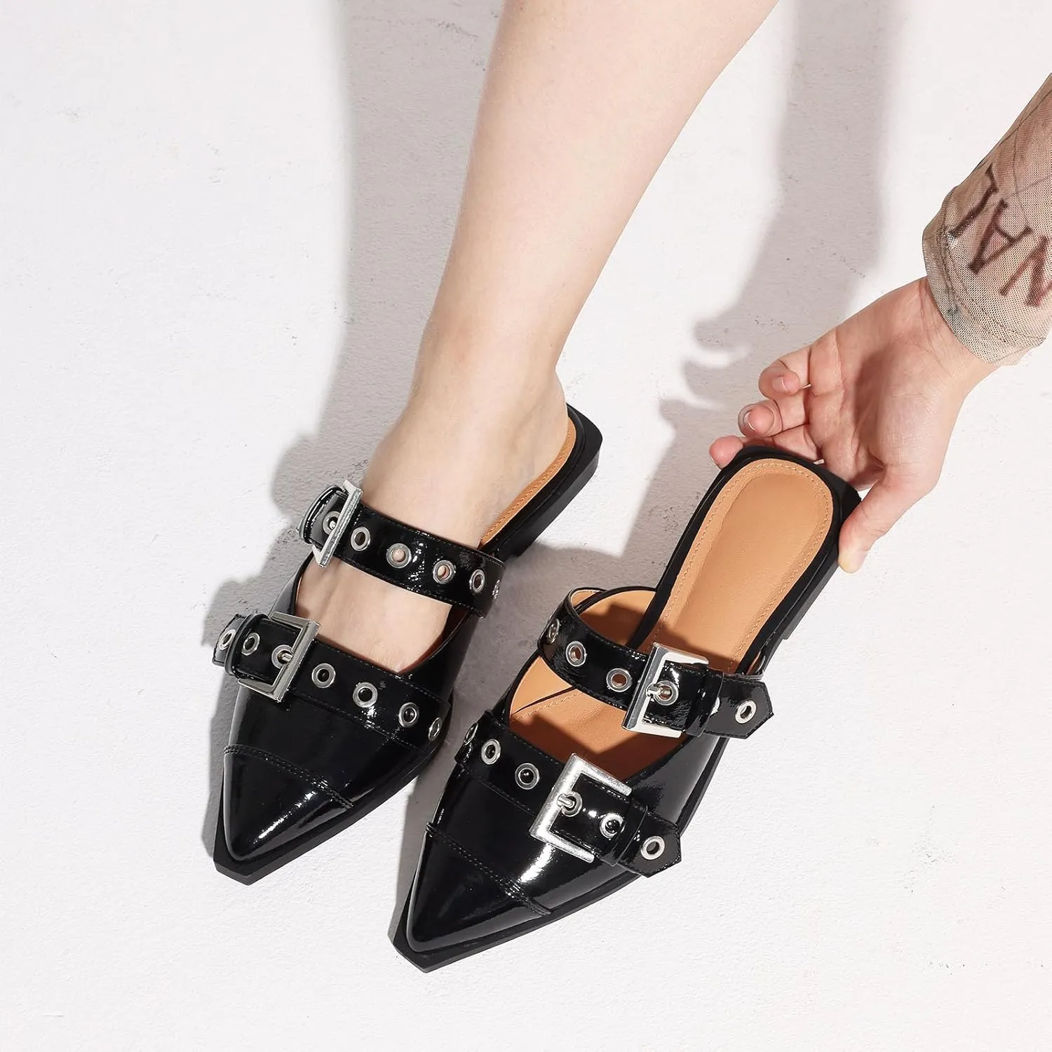 Buckle Flats for Women Pointy Toe Wide Welt Buckled Mules Low Block Heel Slippers Mary Jane Shoes Comfortable Ballerina Flats