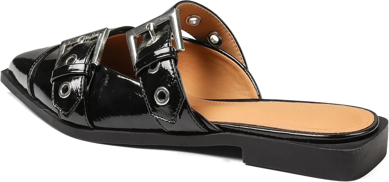 Buckle Flats for Women Pointy Toe Wide Welt Buckled Mules Low Block Heel Slippers Mary Jane Shoes Comfortable Ballerina Flats
