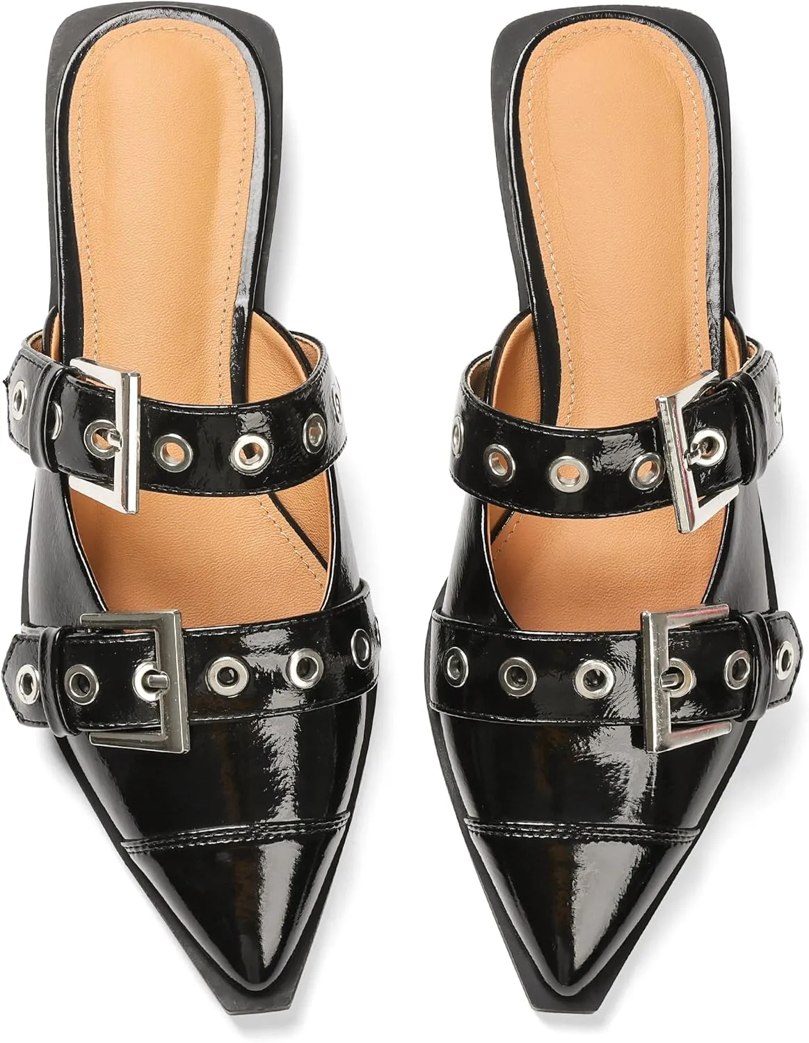Buckle Flats for Women Pointy Toe Wide Welt Buckled Mules Low Block Heel Slippers Mary Jane Shoes Comfortable Ballerina Flats