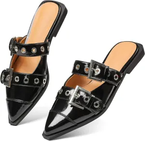 Buckle Flats for Women Pointy Toe Wide Welt Buckled Mules Low Block Heel Slippers Mary Jane Shoes Comfortable Ballerina Flats
