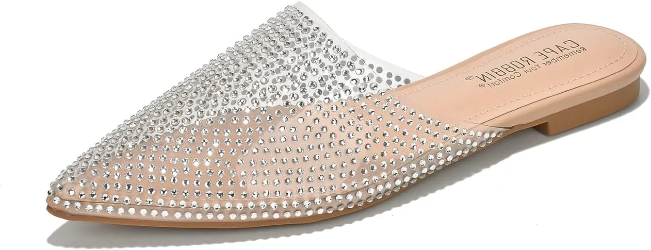 Cape Robbin Crunch Satin Clear Rhinestone Flat Mules (Crunch)