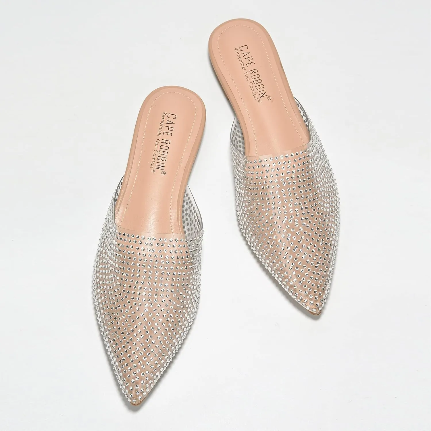 Cape Robbin Crunch Satin Clear Rhinestone Flat Mules (Crunch)