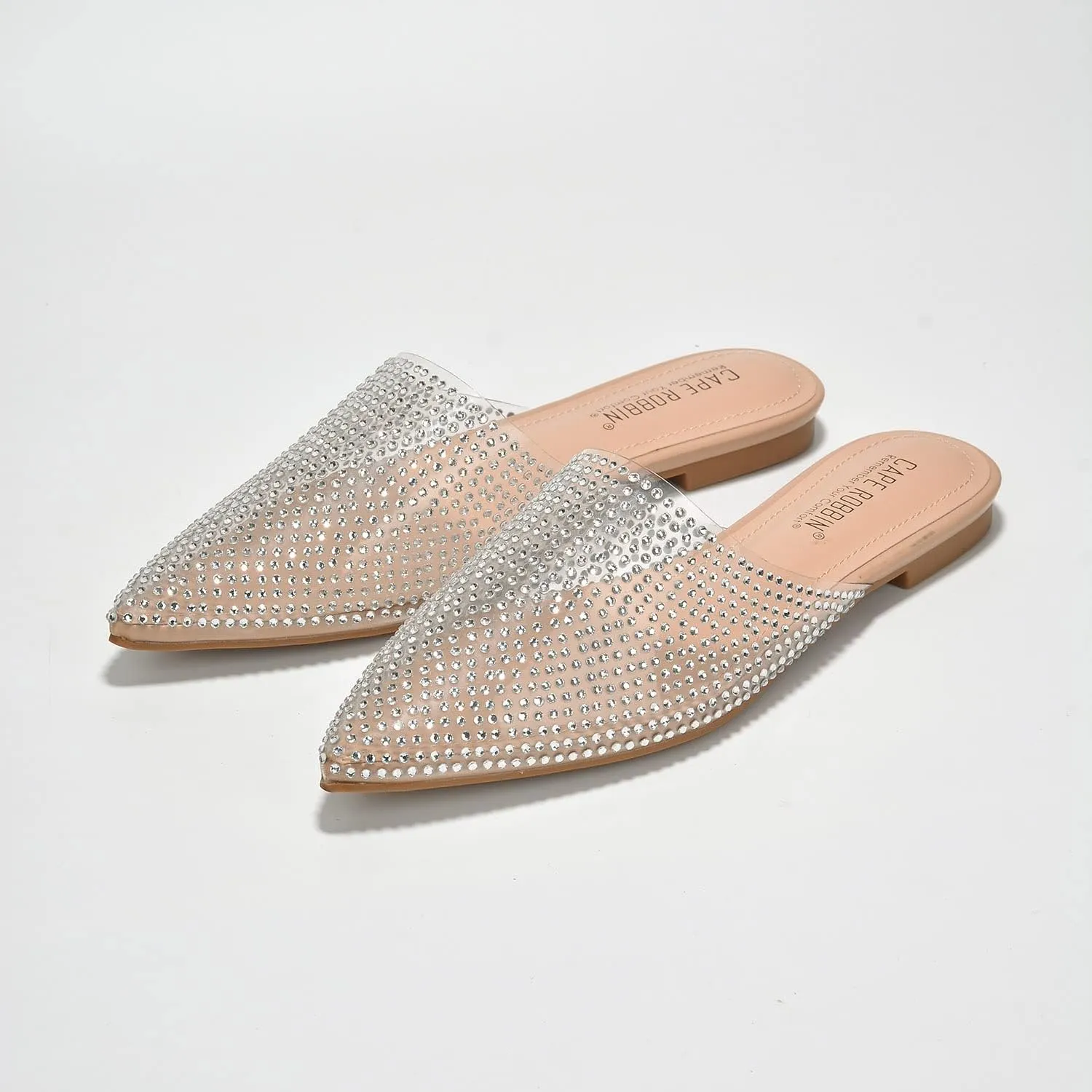 Cape Robbin Crunch Satin Clear Rhinestone Flat Mules (Crunch)