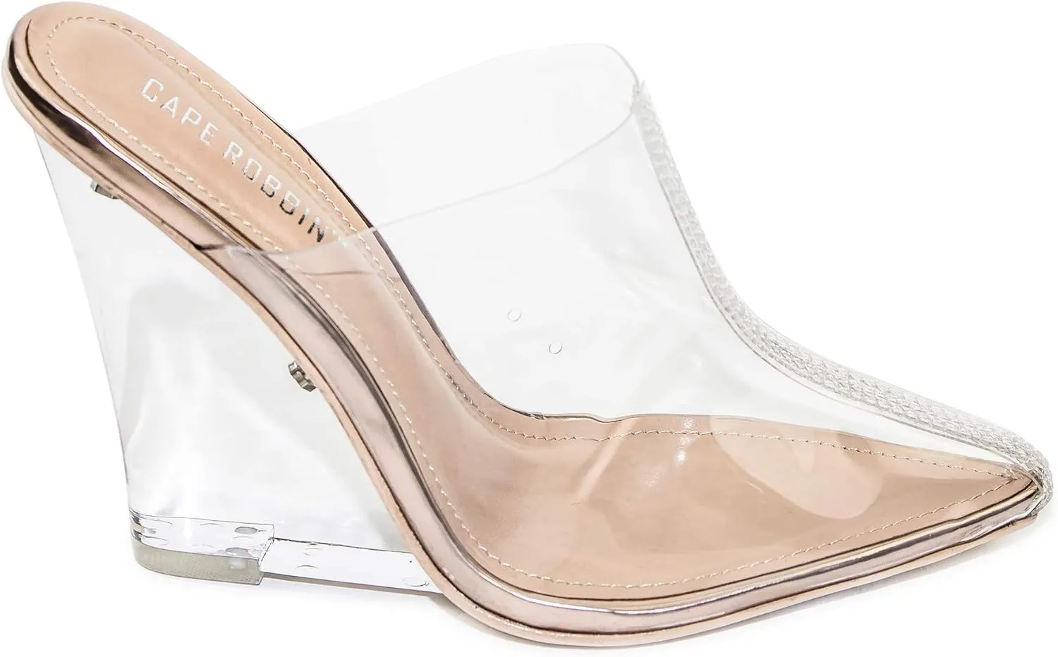 Cape Robbin Women's Sugar Transparent Lucite Clear Wedge Heel PVC Closed Toe Slip On Mules