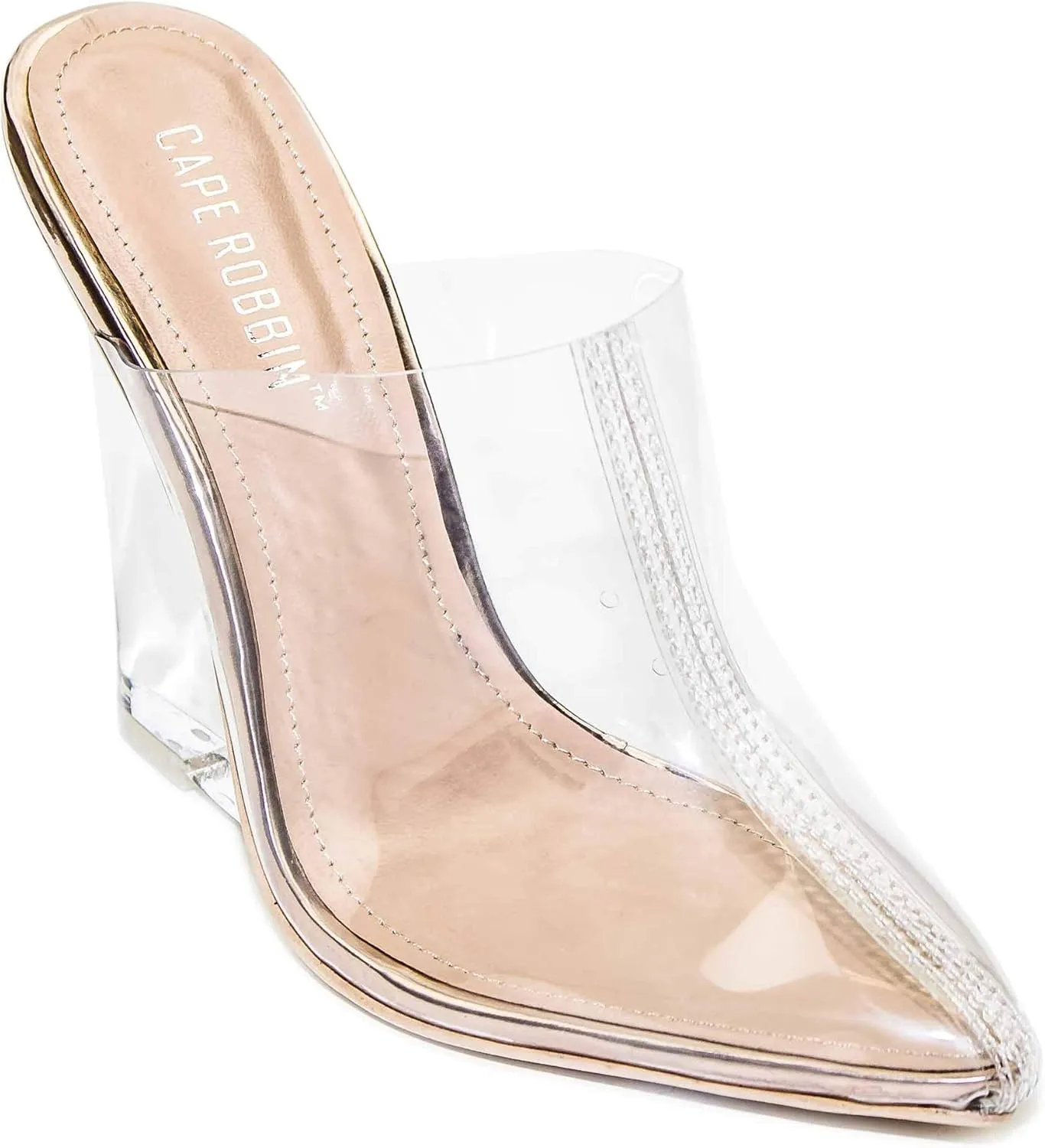 Cape Robbin Women's Sugar Transparent Lucite Clear Wedge Heel PVC Closed Toe Slip On Mules