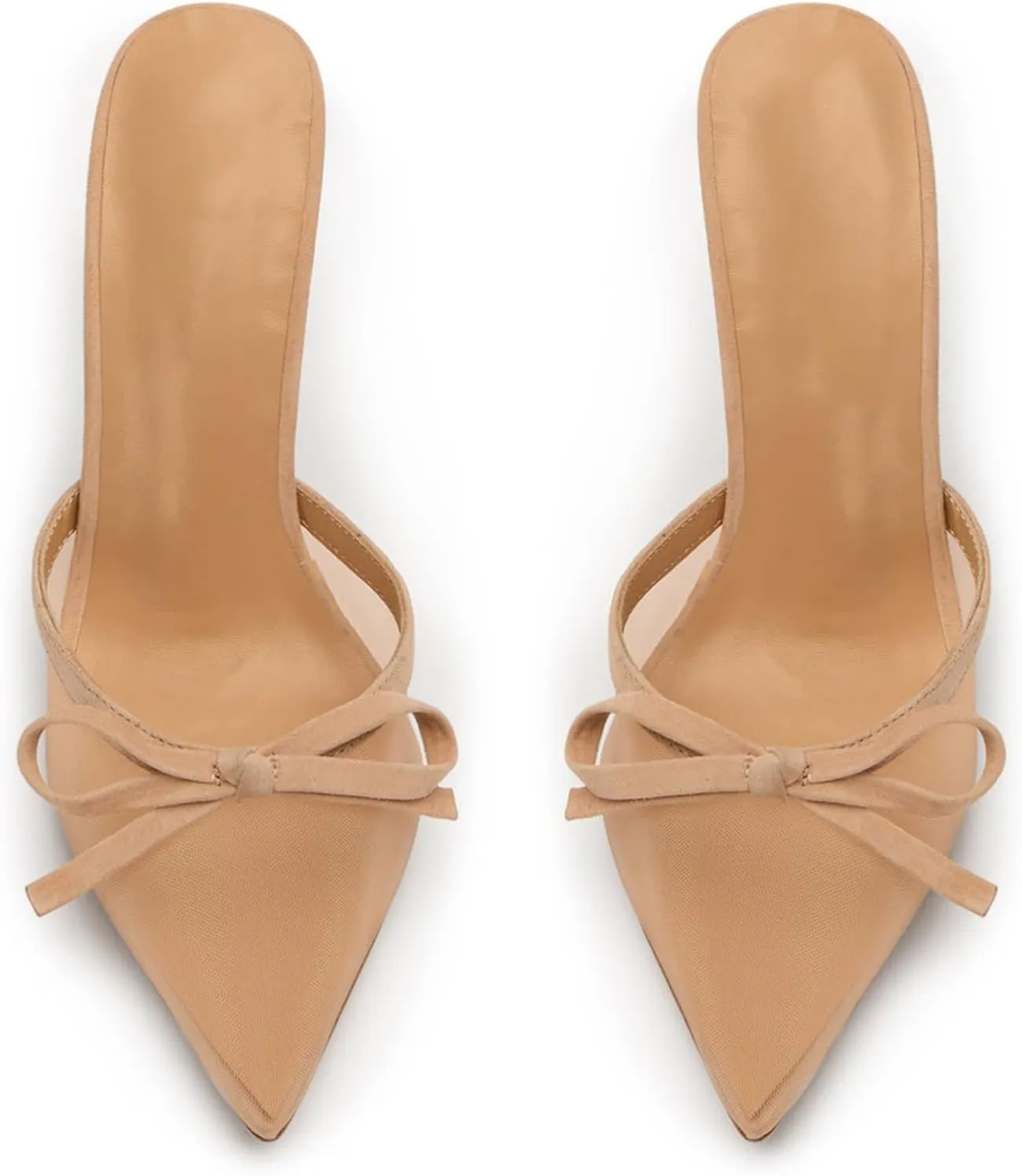 Caradise Mesh High Heels for Women Closed Pointed Toe Slip On Mules Stilettos Sexy Bow Tie Backless Kitten Sandas Wedding Pumps Shoes