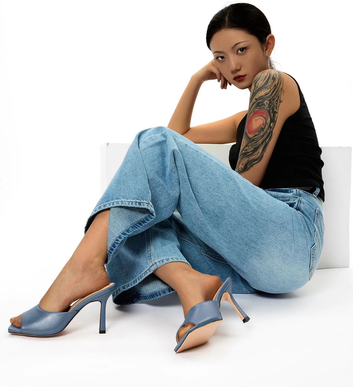 Castamere Square Open Toe Heeled Sandals for Women High Stiletto Heels Slip-on Mules Dress Comfortable Casual Summer Shoes 3.5 Inches Heels