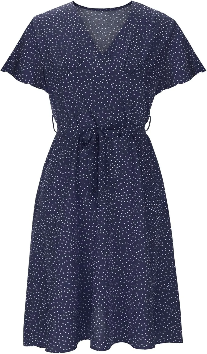 Casual Summer Dresses for Women Polka Dot Print V Neck Short Sleeve Ruffle Flowy Boho Floral Dress Midi Length