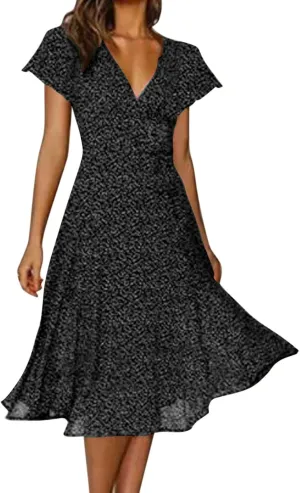 Casual Summer Dresses for Women Polka Dot Print V Neck Short Sleeve Ruffle Flowy Boho Floral Dress Midi Length