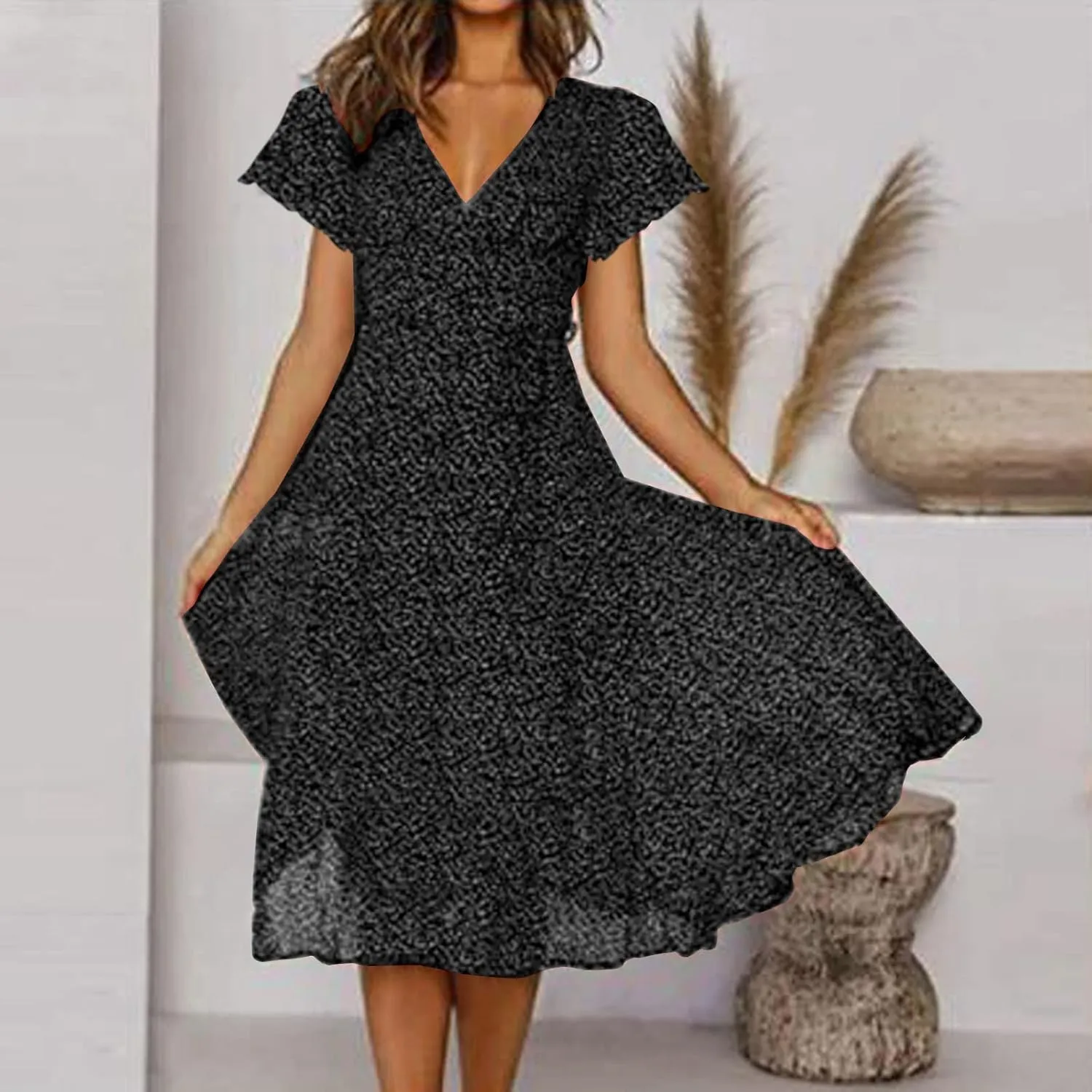 Casual Summer Dresses for Women Polka Dot Print V Neck Short Sleeve Ruffle Flowy Boho Floral Dress Midi Length