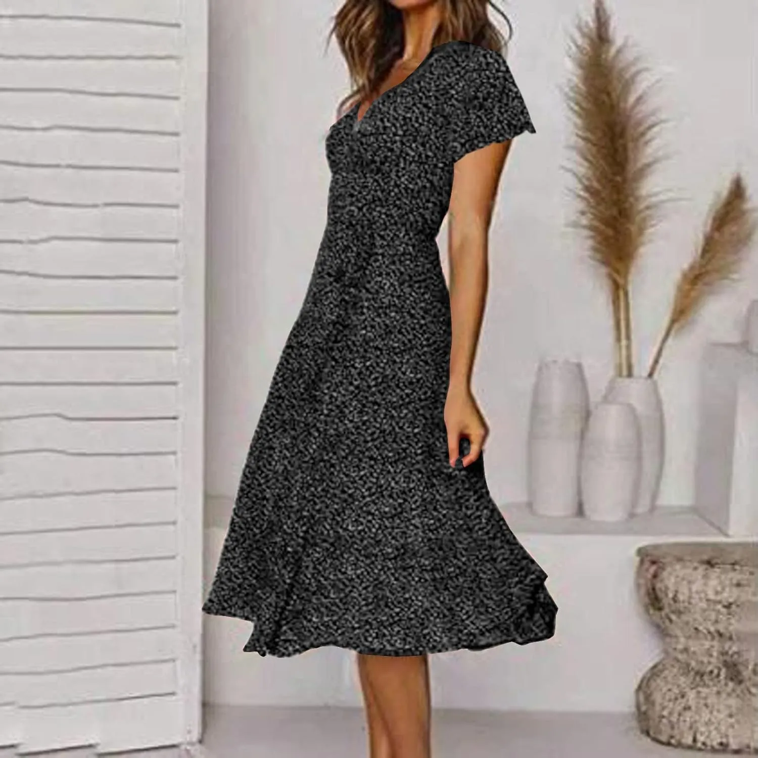 Casual Summer Dresses for Women Polka Dot Print V Neck Short Sleeve Ruffle Flowy Boho Floral Dress Midi Length