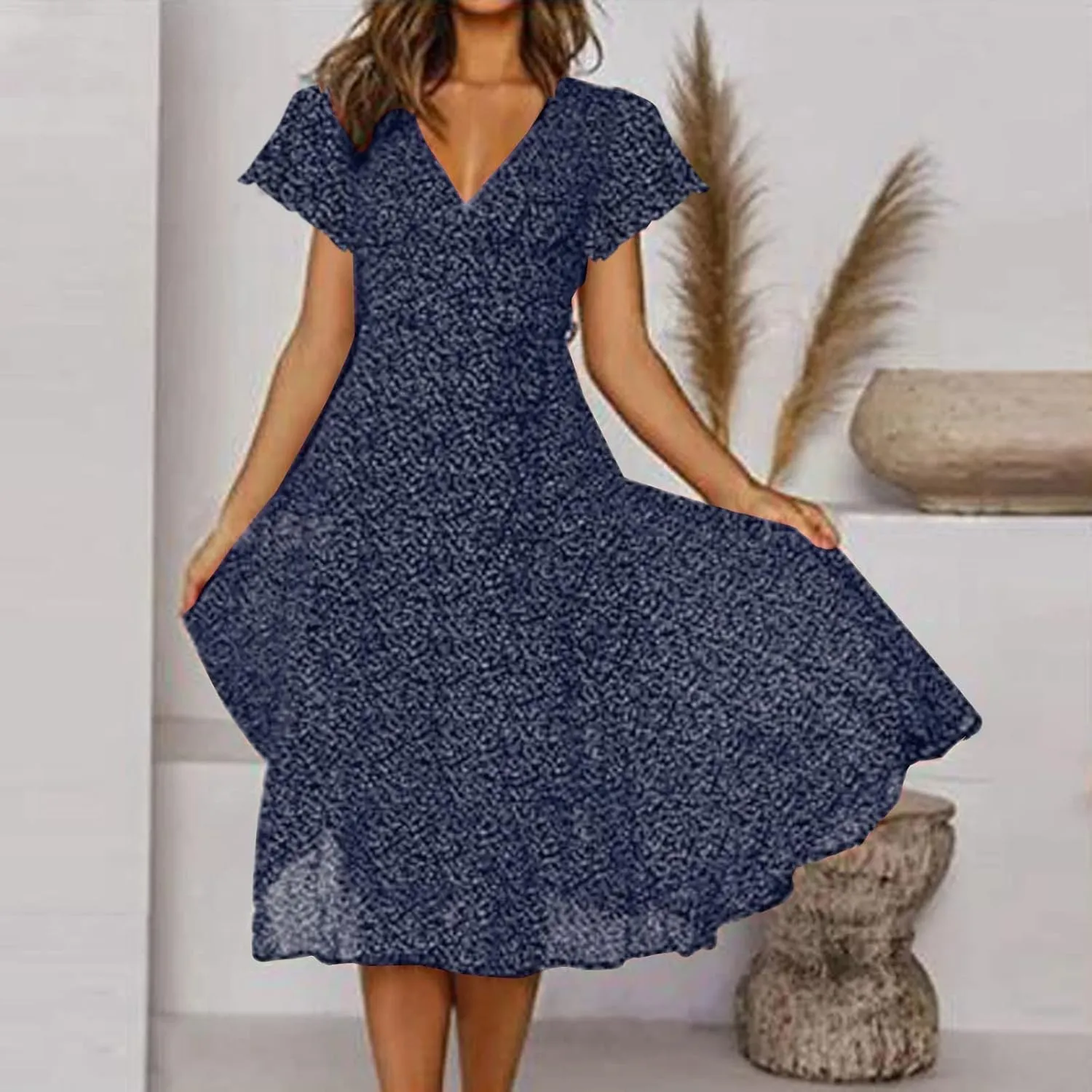 Casual Summer Dresses for Women Polka Dot Print V Neck Short Sleeve Ruffle Flowy Boho Floral Dress Midi Length