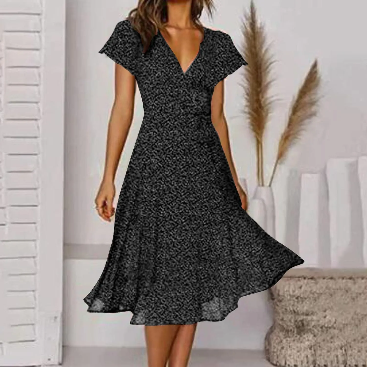 Casual Summer Dresses for Women Polka Dot Print V Neck Short Sleeve Ruffle Flowy Boho Floral Dress Midi Length