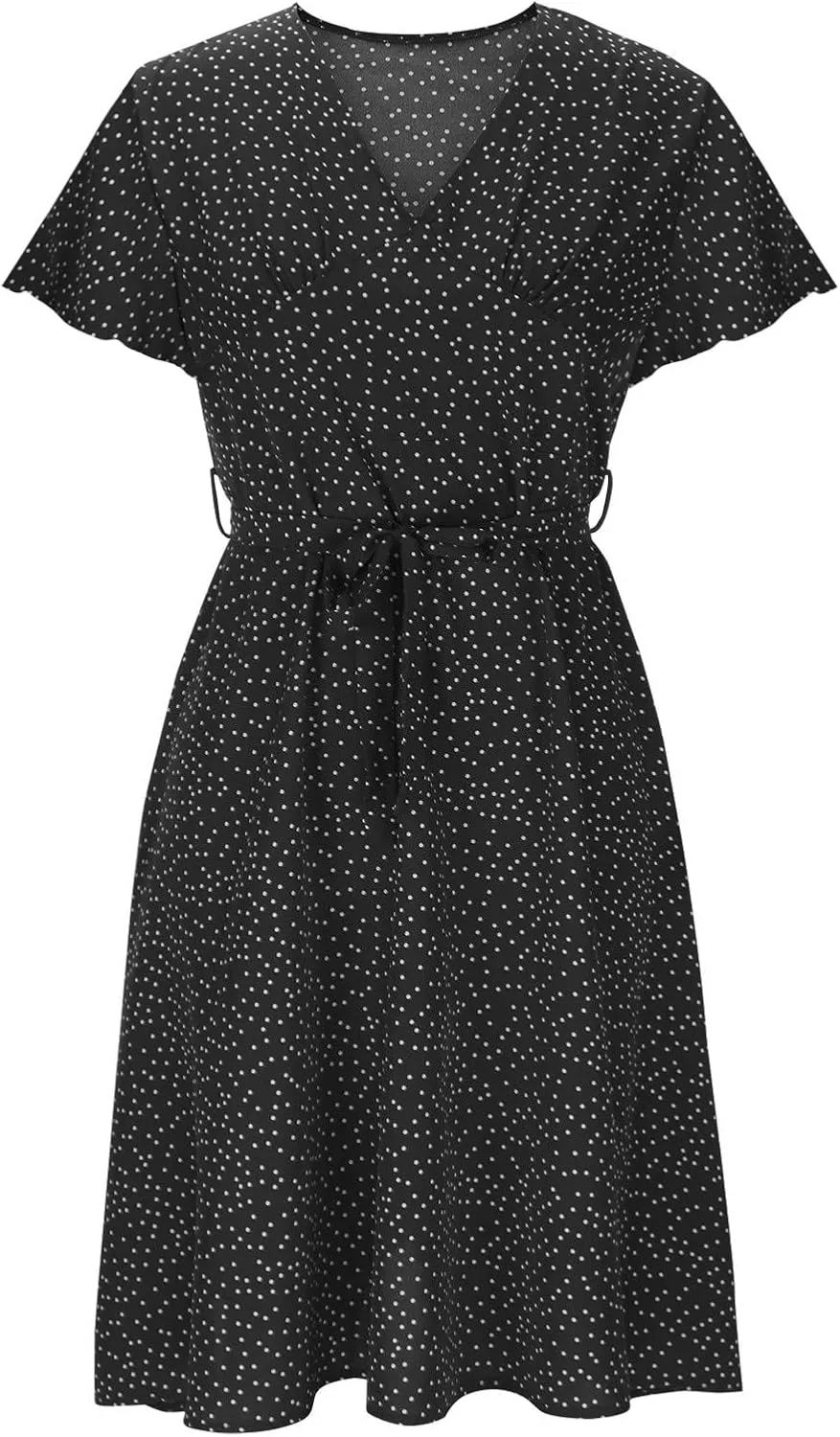 Casual Summer Dresses for Women Polka Dot Print V Neck Short Sleeve Ruffle Flowy Boho Floral Dress Midi Length