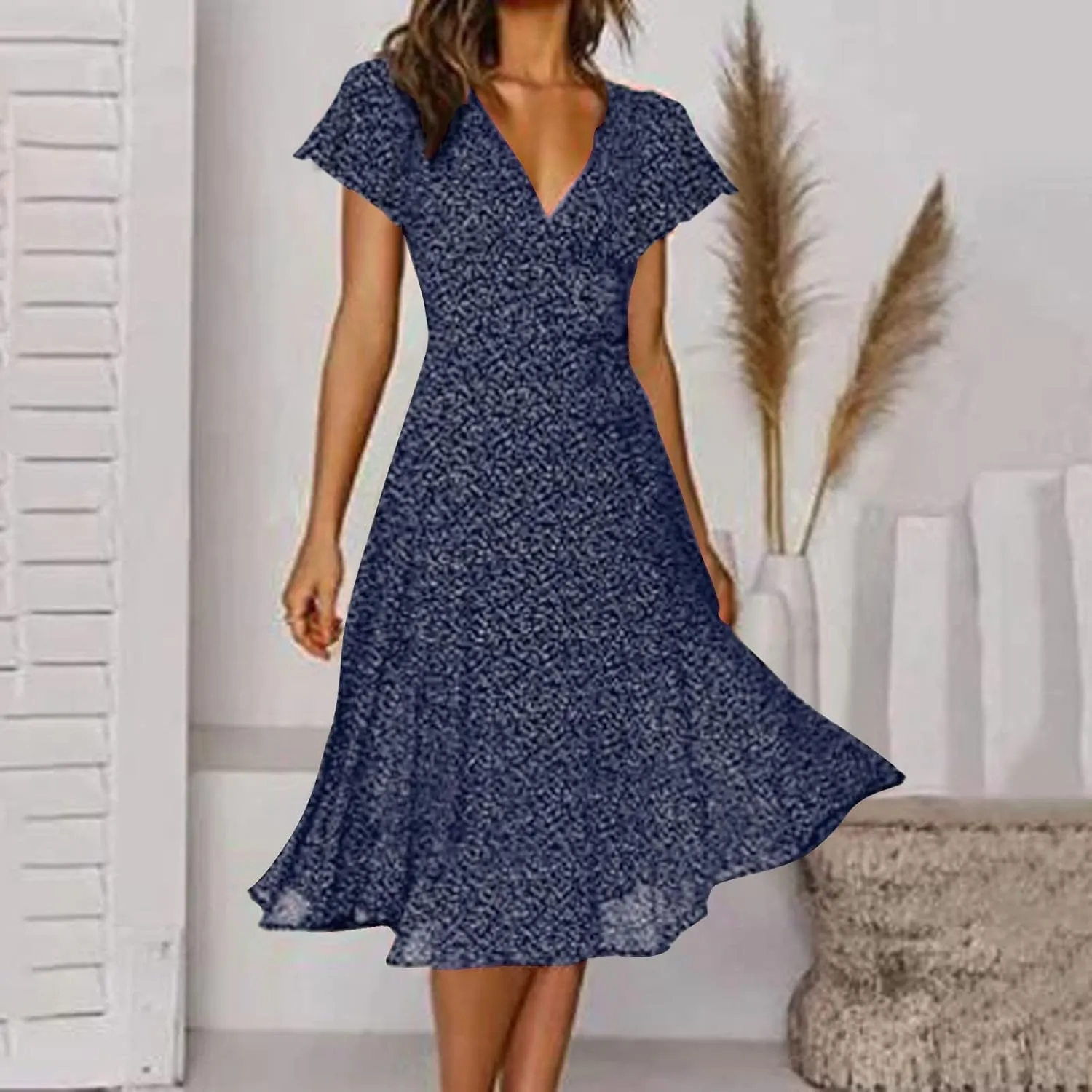 Casual Summer Dresses for Women Polka Dot Print V Neck Short Sleeve Ruffle Flowy Boho Floral Dress Midi Length
