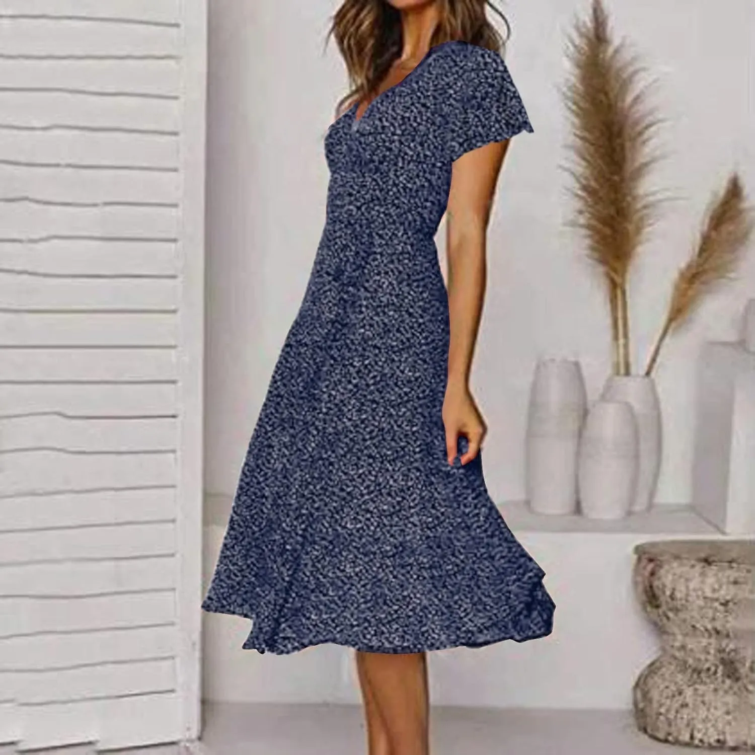 Casual Summer Dresses for Women Polka Dot Print V Neck Short Sleeve Ruffle Flowy Boho Floral Dress Midi Length