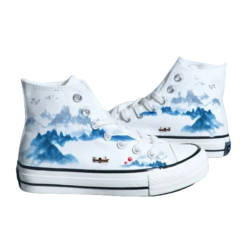 Chinese Style Canvas Shoes - Retro Landscape Painting, High-Top Board Shoe