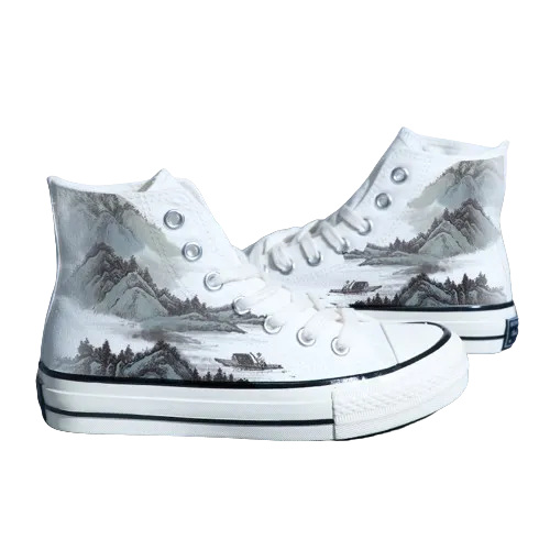 Chinese Style Canvas Shoes - Retro Landscape Painting, High-Top Board Shoe
