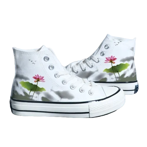 Chinese Style Canvas Shoes - Retro Landscape Painting, High-Top Board Shoe