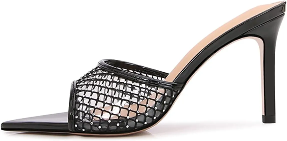 Ciuyurra Women Embellished Rhinestone Tulle Mules Pointed Peep Toe Sparkly Slip On Sandals
