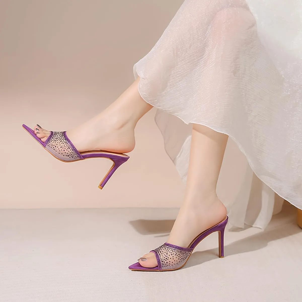 Ciuyurra Women Embellished Rhinestone Tulle Mules Pointed Peep Toe Sparkly Slip On Sandals