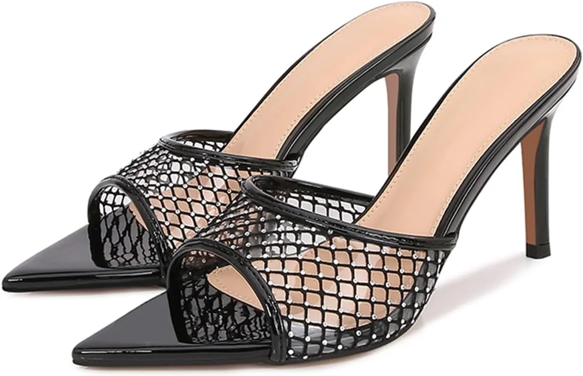 Ciuyurra Women Embellished Rhinestone Tulle Mules Pointed Peep Toe Sparkly Slip On Sandals