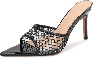 Ciuyurra Women Embellished Rhinestone Tulle Mules Pointed Peep Toe Sparkly Slip On Sandals