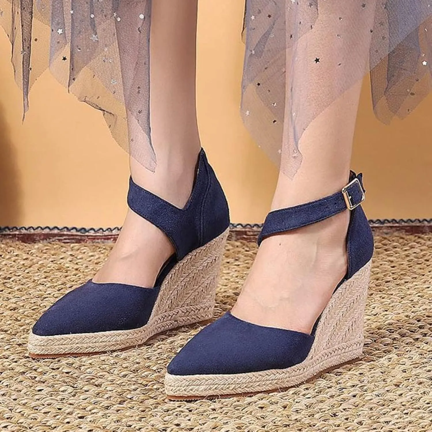 Closed Toe Wedges Heels for Women Dressy Summer 2025,Women's Pointed Toe Platform Wedge Ankle Strap Espadrilles Sandals Ladies Comfortable Summer Dress Shoes for Beach Wedding