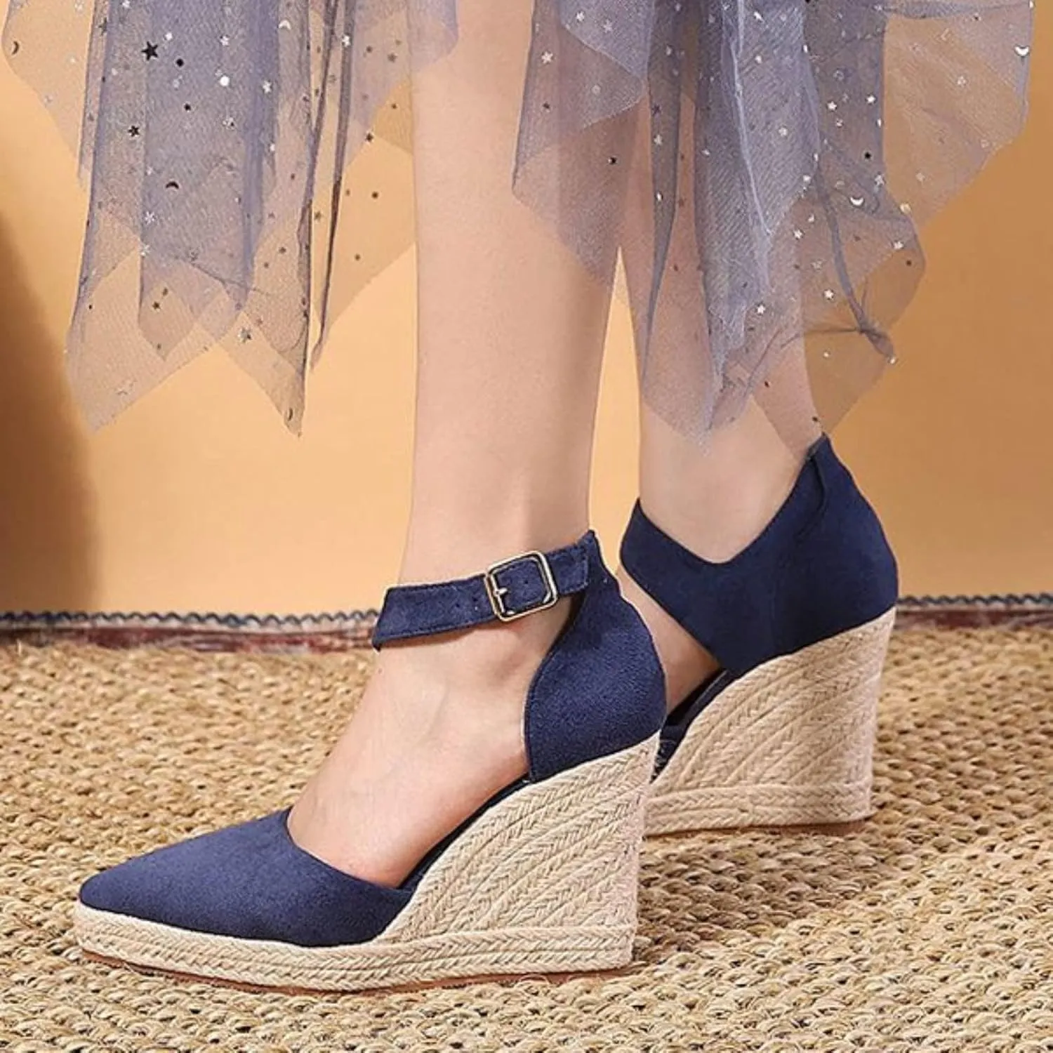 Closed Toe Wedges Heels for Women Dressy Summer 2025,Women's Pointed Toe Platform Wedge Ankle Strap Espadrilles Sandals Ladies Comfortable Summer Dress Shoes for Beach Wedding