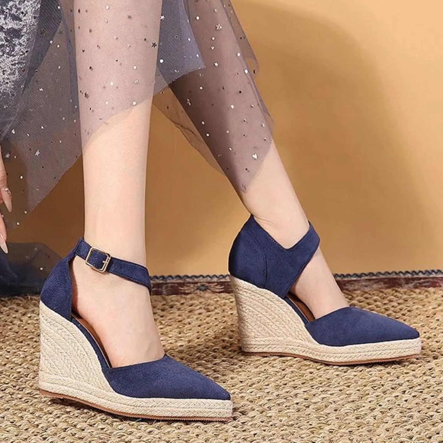 Closed Toe Wedges Heels for Women Dressy Summer 2025,Women's Pointed Toe Platform Wedge Ankle Strap Espadrilles Sandals Ladies Comfortable Summer Dress Shoes for Beach Wedding