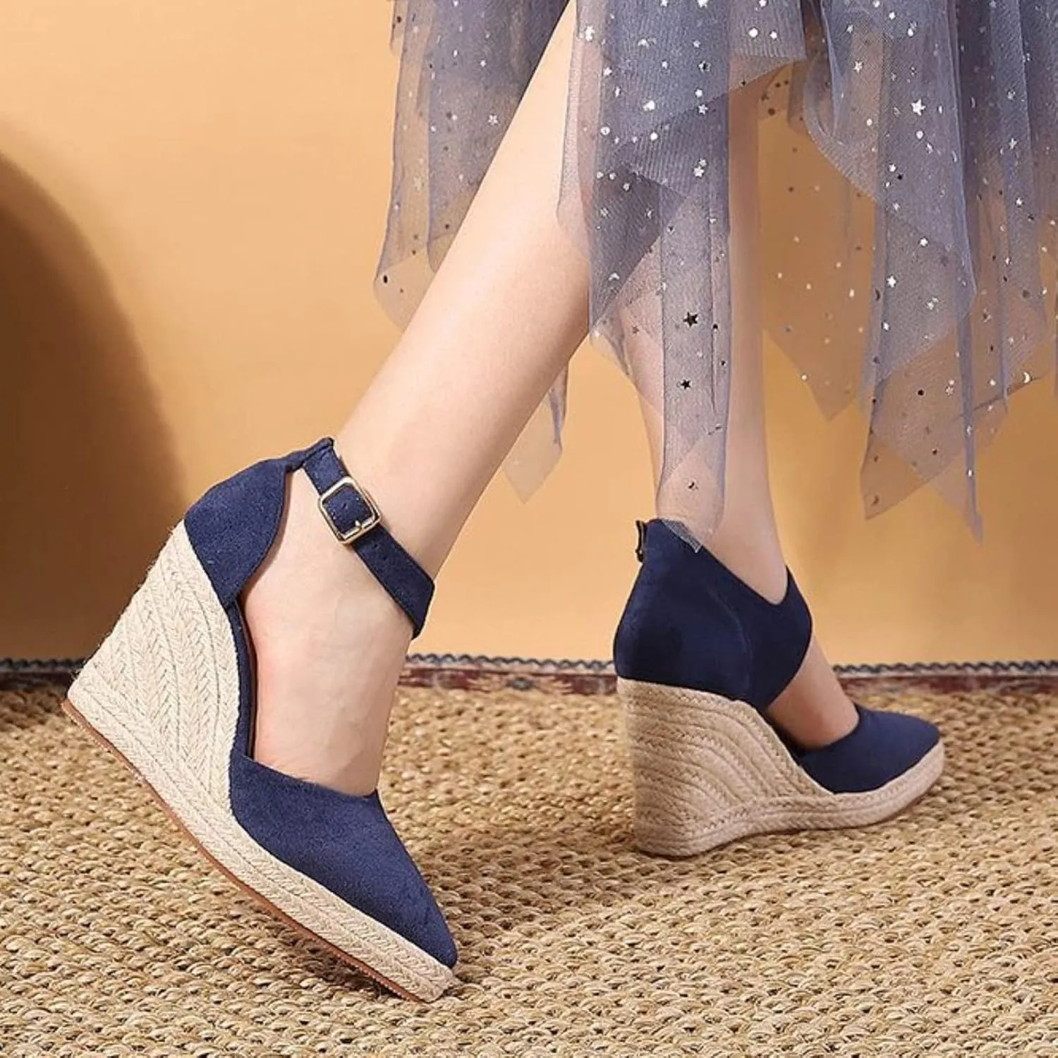Closed Toe Wedges Heels for Women Dressy Summer 2025,Women's Pointed Toe Platform Wedge Ankle Strap Espadrilles Sandals Ladies Comfortable Summer Dress Shoes for Beach Wedding